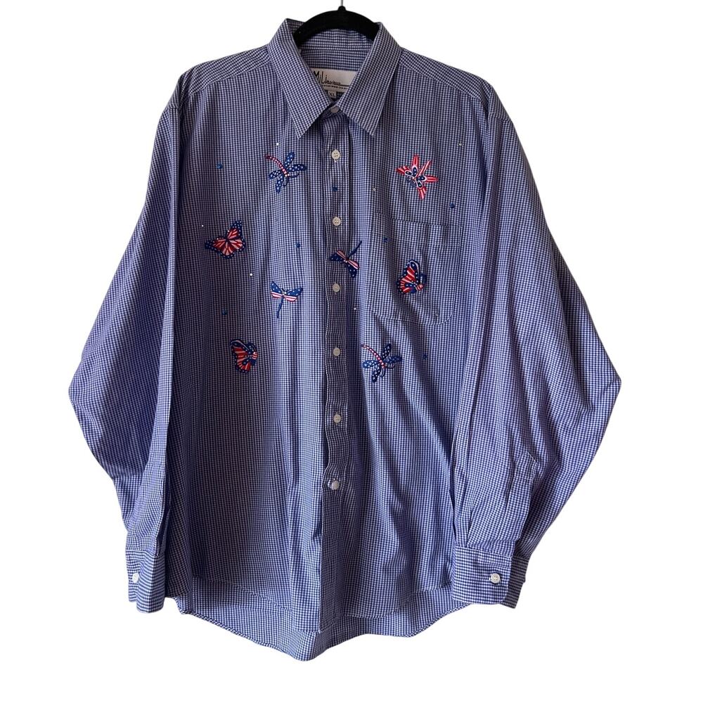 Mili Designs Gingham butterflies and dragonfly LS button up  XL